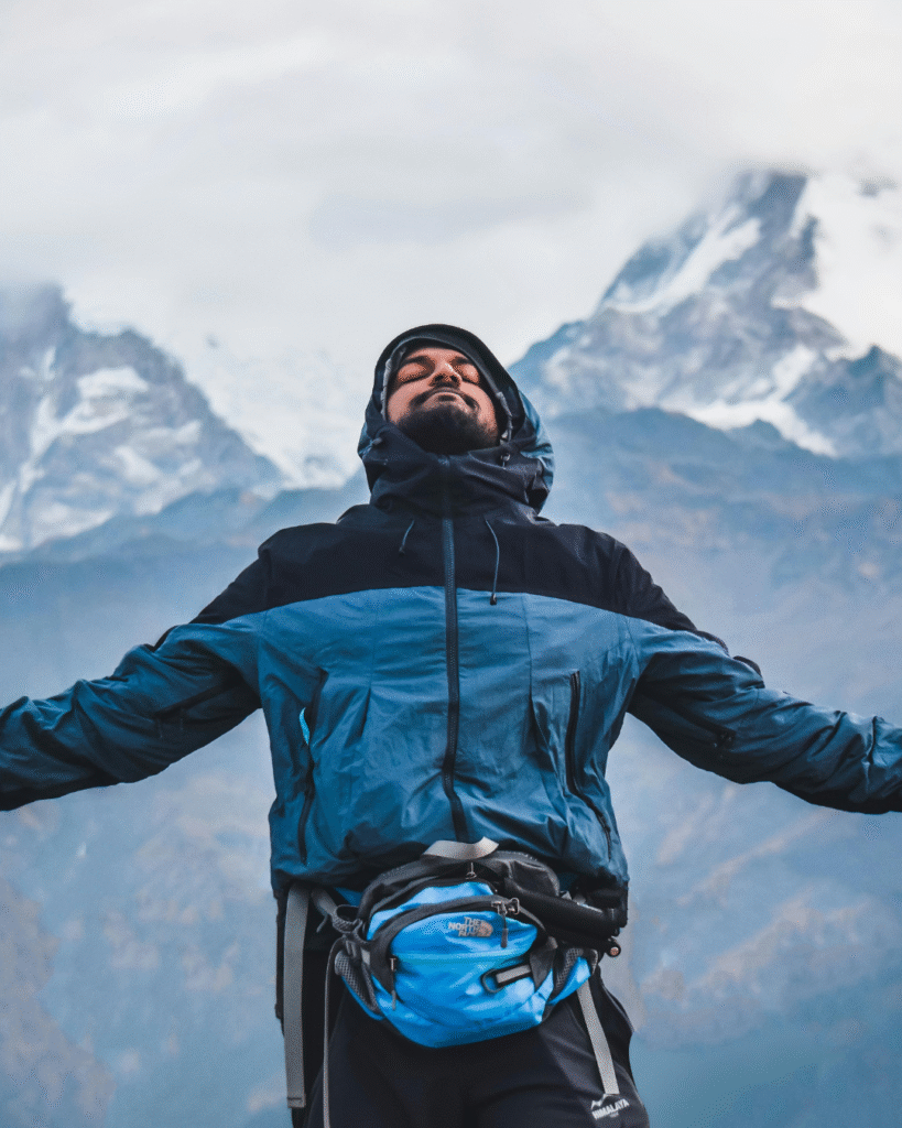 A boy is taking breath deep in the hills of Manali